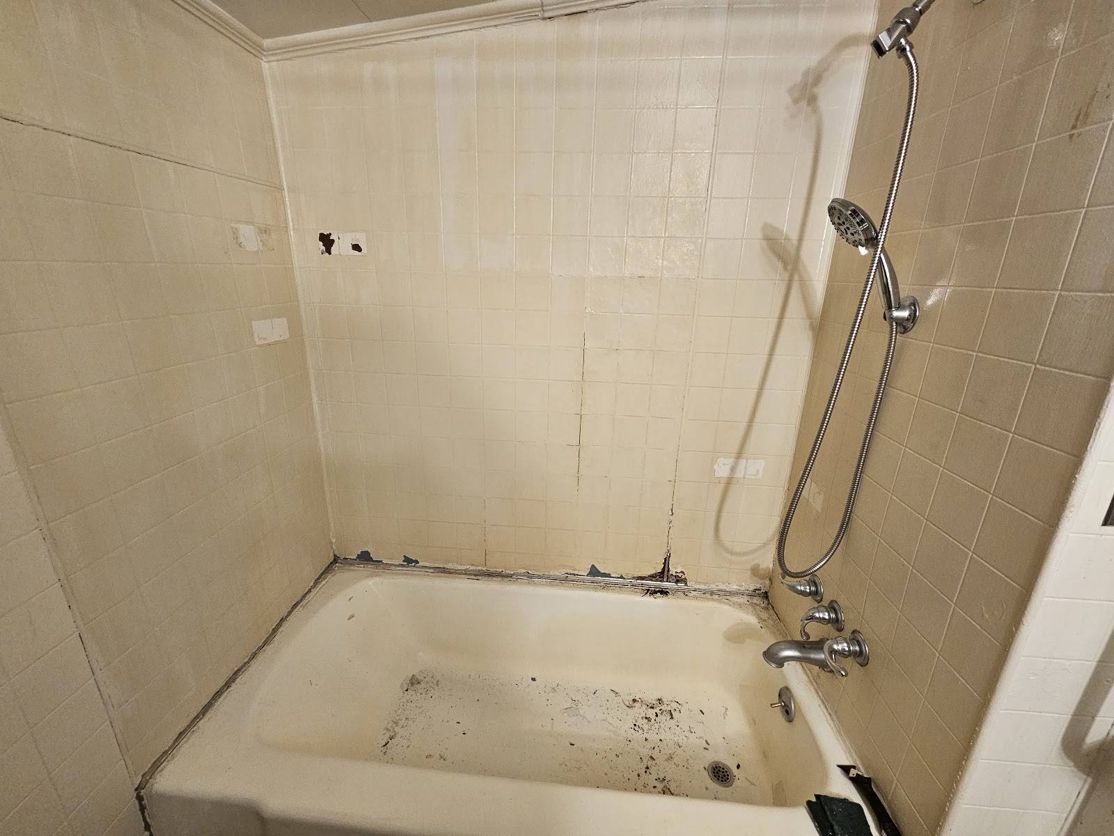 The same bathtub before refinishing, with a worn and stained surface